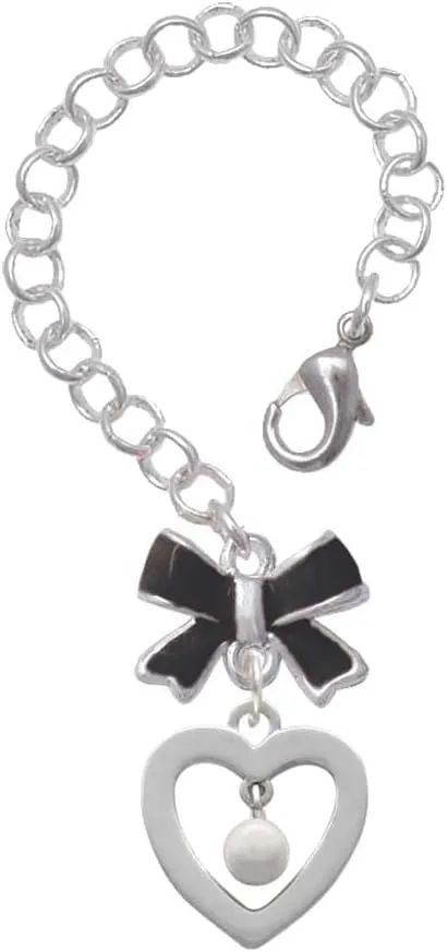 Delight Jewelry Silvertone Open heart with Imitation Pearl Drop - Black Bow Charm Accessory for Tumblers and Thermal Cups