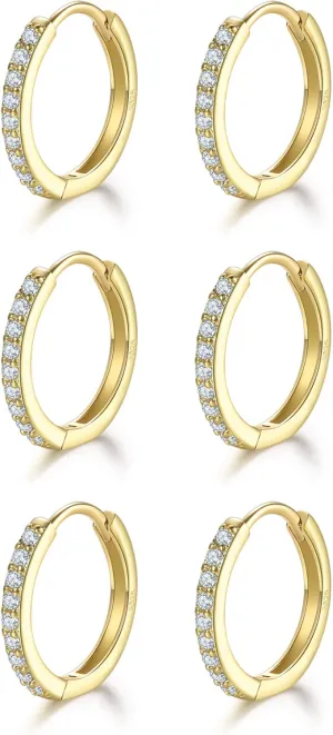 Dlihc Sterling Silver Hoop Earrings Sterling Silver Stud Earrings for Women 6 Pairs Hypoallergenic Tiny Cubic Zirconia Stud Set Cartilage Hoops