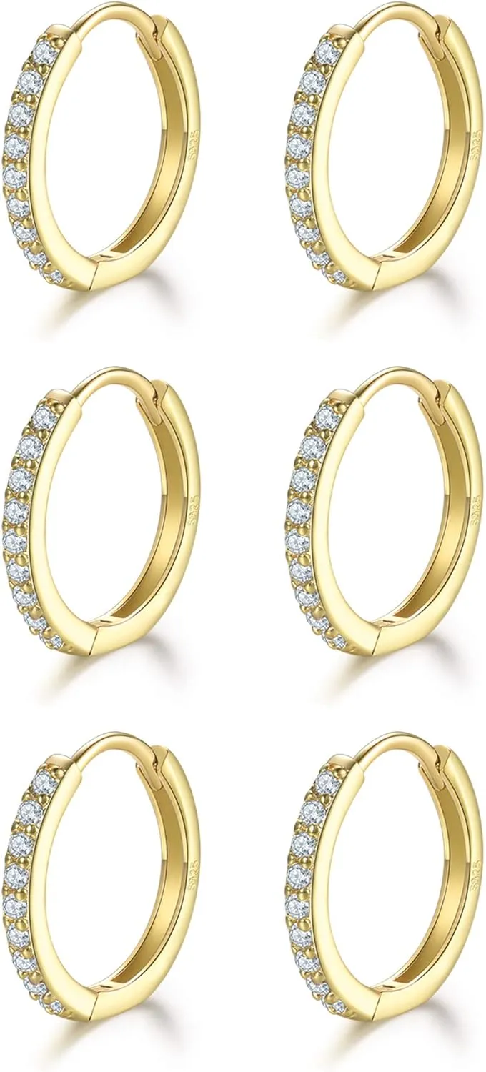 Dlihc Sterling Silver Hoop Earrings Sterling Silver Stud Earrings for Women 6 Pairs Hypoallergenic Tiny Cubic Zirconia Stud Set Cartilage Hoops