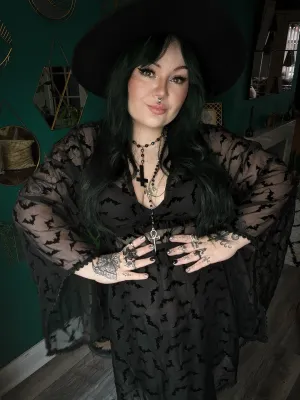'Dracula' Black Bats Alt Goth See Through Nightgown Lingerie Dress