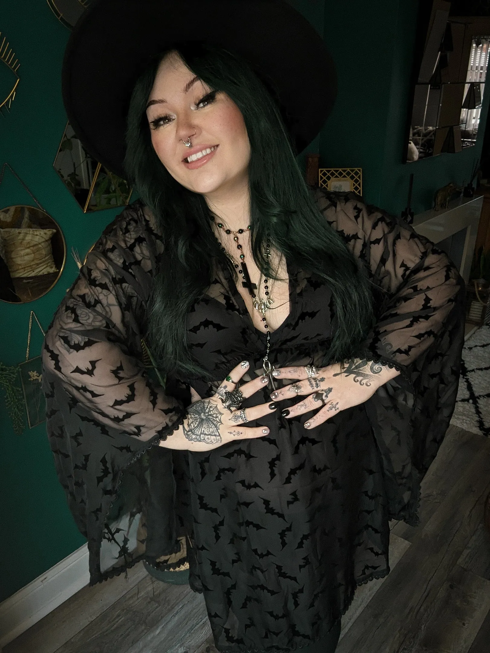 'Dracula' Black Bats Alt Goth See Through Nightgown Lingerie Dress