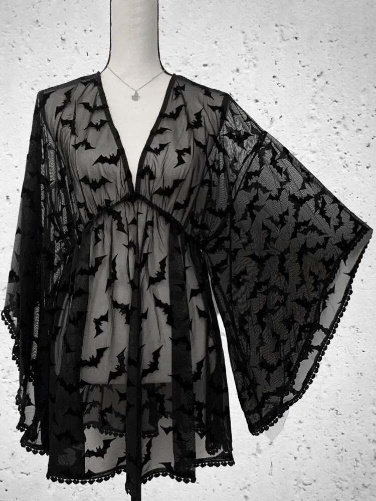 'Dracula' Black Bats Alt Goth See Through Nightgown Lingerie Dress
