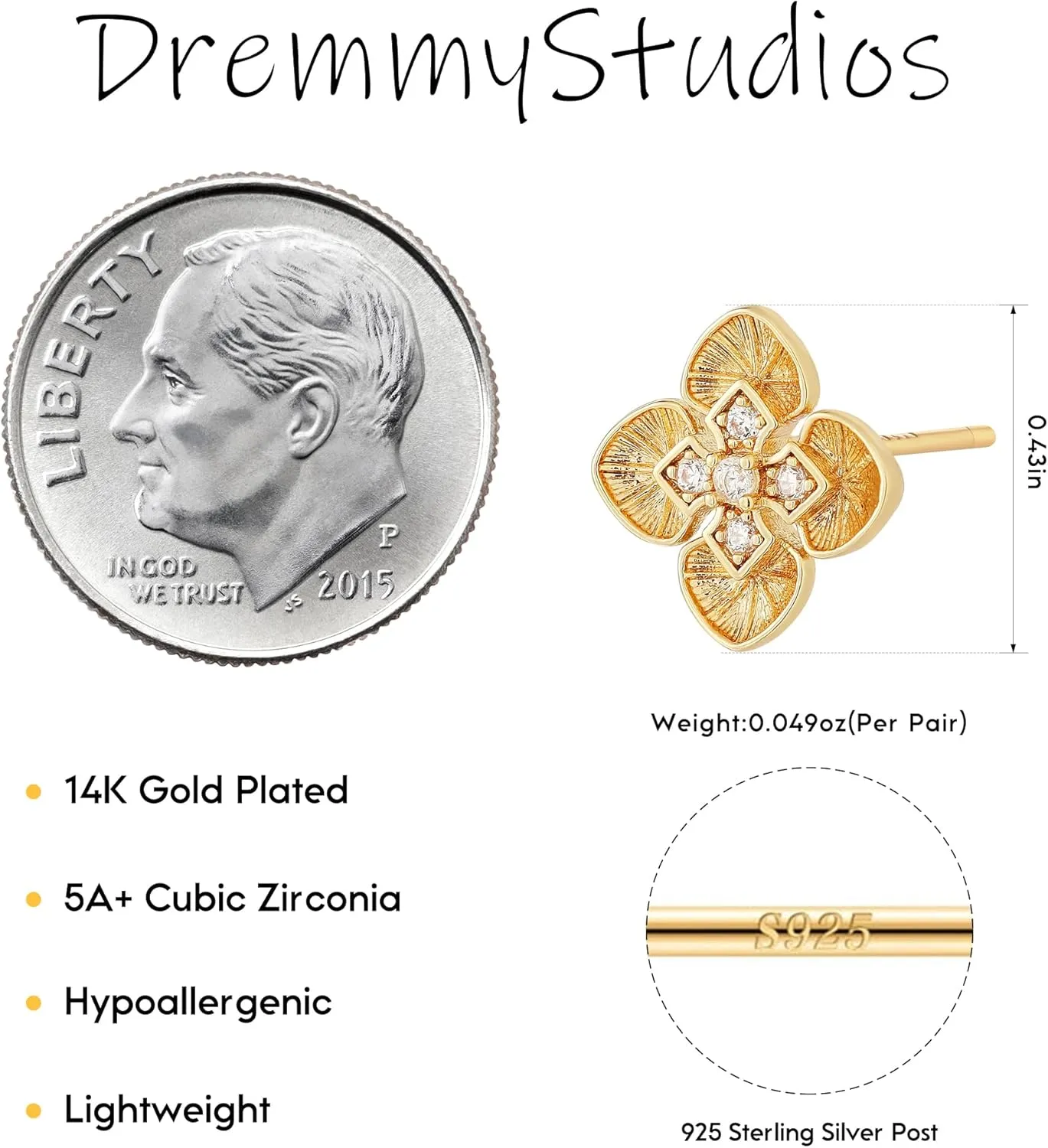 Dremmy Studios Women Gold Stud Earrings 14K Gold Plated Zirconia Snake Cross Flower Heart Butterfly Earrings S925 Silver Post Cartilage Earrings