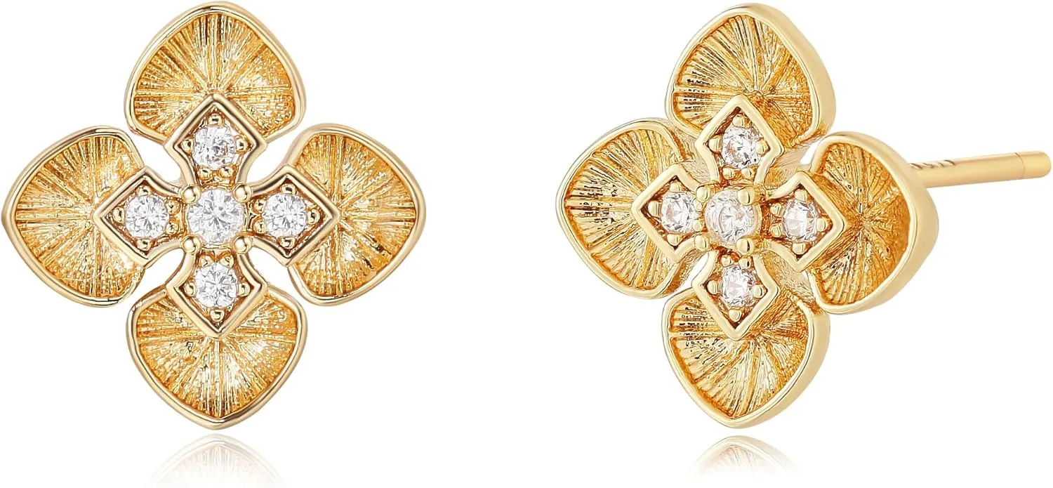 Dremmy Studios Women Gold Stud Earrings 14K Gold Plated Zirconia Snake Cross Flower Heart Butterfly Earrings S925 Silver Post Cartilage Earrings