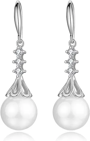 Drop Earrings Cubic Zirconia, Dangle Earrings for Women White Gold Plated Drop-Shaped Imitation Pearls Cz Dangle Cartilage Jewelry for Party