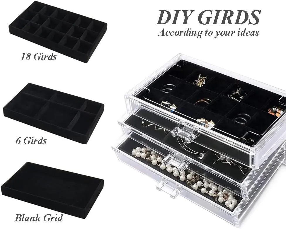 Earring Organizer Box Acrylic Jewelry Organizer with 3 Drawers 54 Adjustable Grids Clear Stackable Earring Holder Velvet Trays Ring Display Case for Women Girls (Black)