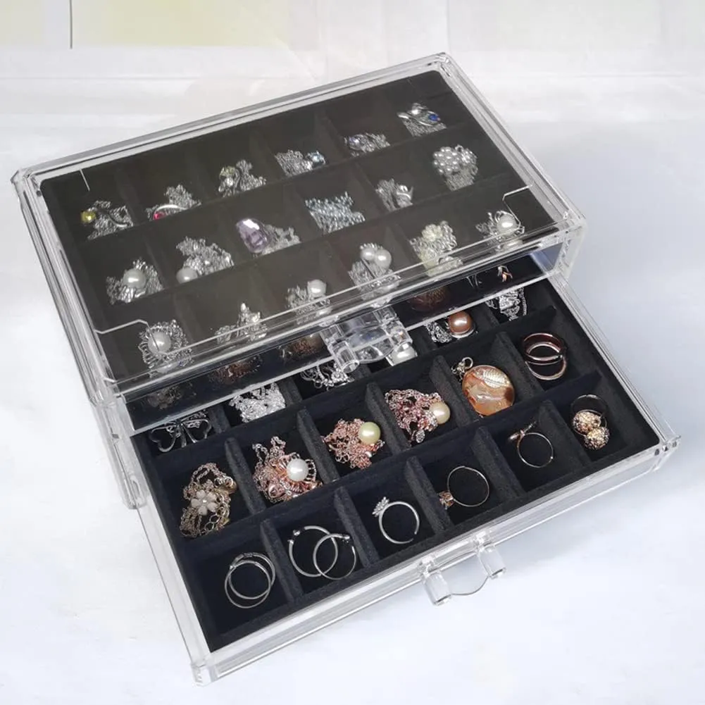 Earring Organizer Box Acrylic Jewelry Organizer with 3 Drawers 54 Adjustable Grids Clear Stackable Earring Holder Velvet Trays Ring Display Case for Women Girls (Black)