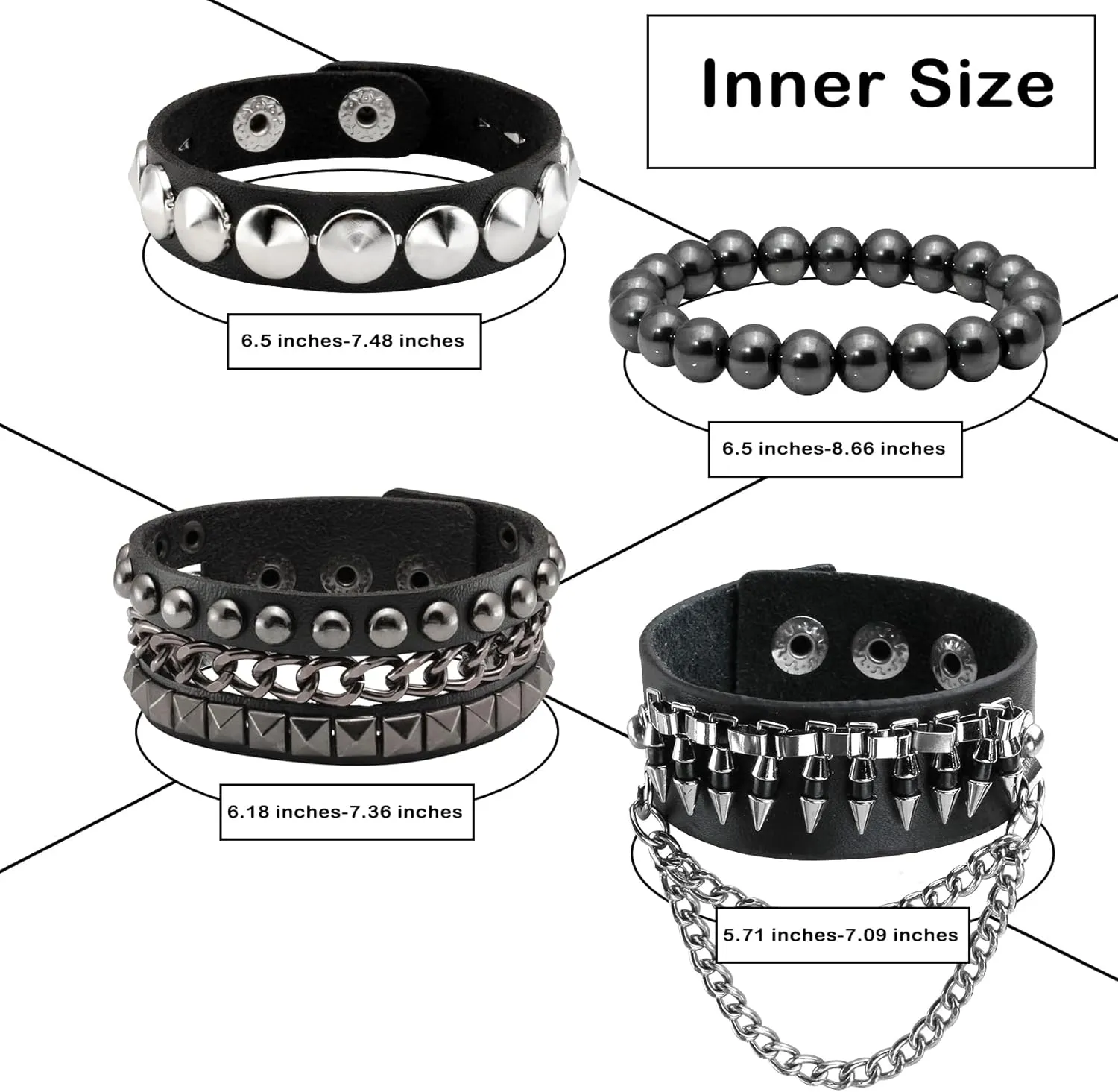 Eigso Punk Leather Cuff Bracelets for Men Women 80s Retro Hematite Rock Spikes Metal Cuff Wristband Set Adjustable for Man Woman