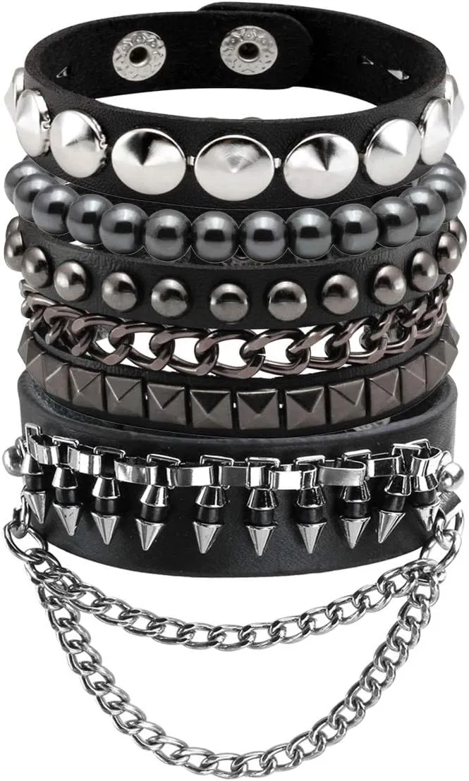 Eigso Punk Leather Cuff Bracelets for Men Women 80s Retro Hematite Rock Spikes Metal Cuff Wristband Set Adjustable for Man Woman