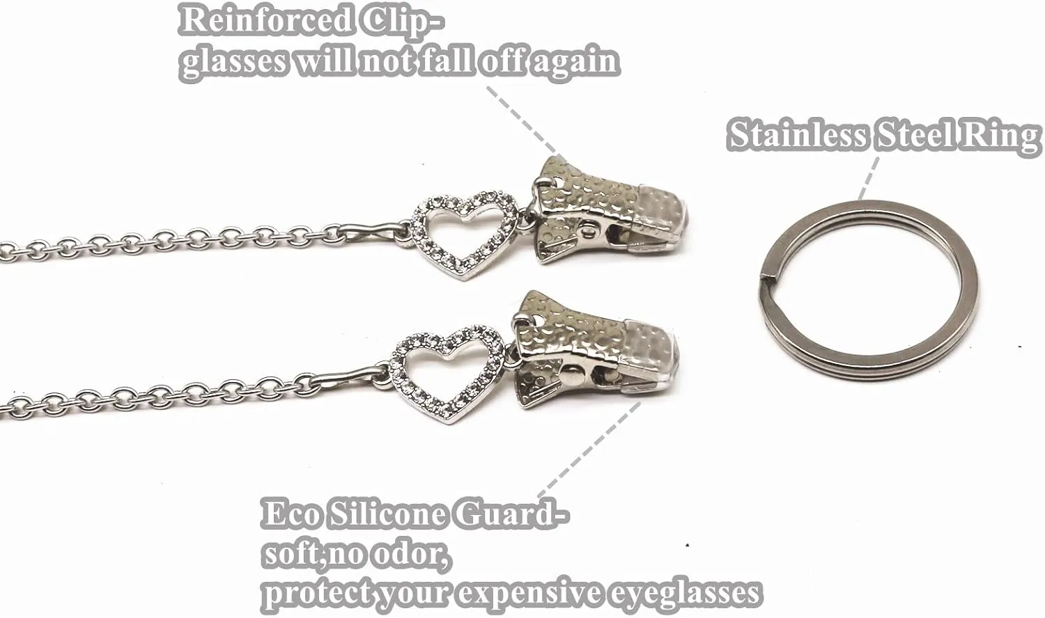 Eyeglasses Holder Clips Stainless Steel Necklace Ring for Men Women Glasses Strap Rhinestone Sunglasses Loop Chain
