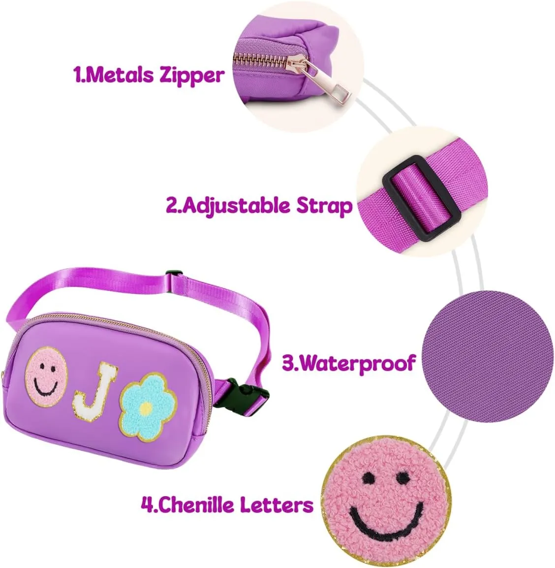 Fanny Pack For Girls Purple Kid Crossbody Bag Chenille J Letter Preppy Belt Bag, Christmas Birthday Graduation Gifts For Girl Teen Daughter Sister, Personalized Nylon Fanny Packs