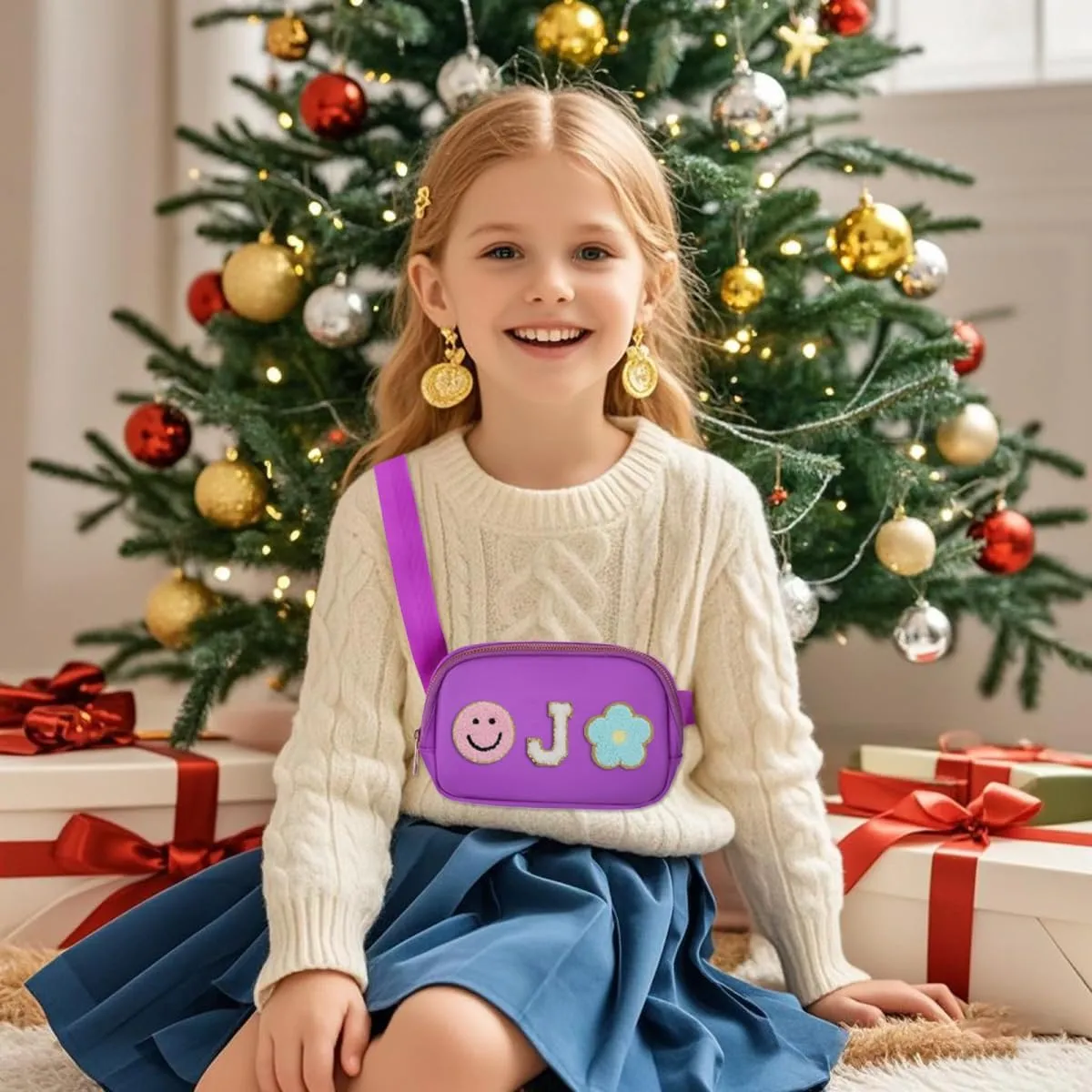 Fanny Pack For Girls Purple Kid Crossbody Bag Chenille J Letter Preppy Belt Bag, Christmas Birthday Graduation Gifts For Girl Teen Daughter Sister, Personalized Nylon Fanny Packs