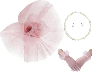 Fascinator Hats for Women Tea Party Hats and Gloves Pearl Jewelry Set Derby Hat for Cocktail Wedding
