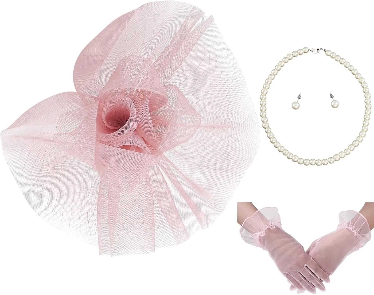 Fascinator Hats for Women Tea Party Hats and Gloves Pearl Jewelry Set Derby Hat for Cocktail Wedding