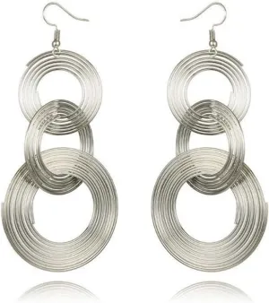 Fashion Gold Plated Long 70s Disco Triple Swirl Disco Pendant Earrings Vintage Geometric Multilayer Metal Circle Long Fringe Dangle Earrings for Women Party Gifts Jewelry