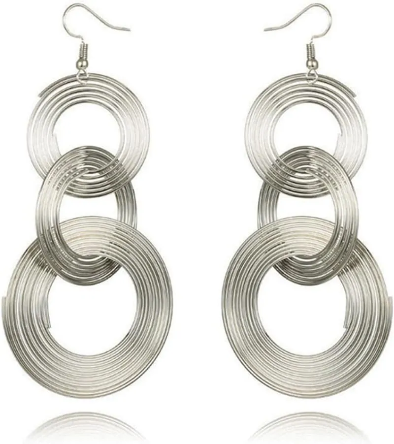 Fashion Gold Plated Long 70s Disco Triple Swirl Disco Pendant Earrings Vintage Geometric Multilayer Metal Circle Long Fringe Dangle Earrings for Women Party Gifts Jewelry
