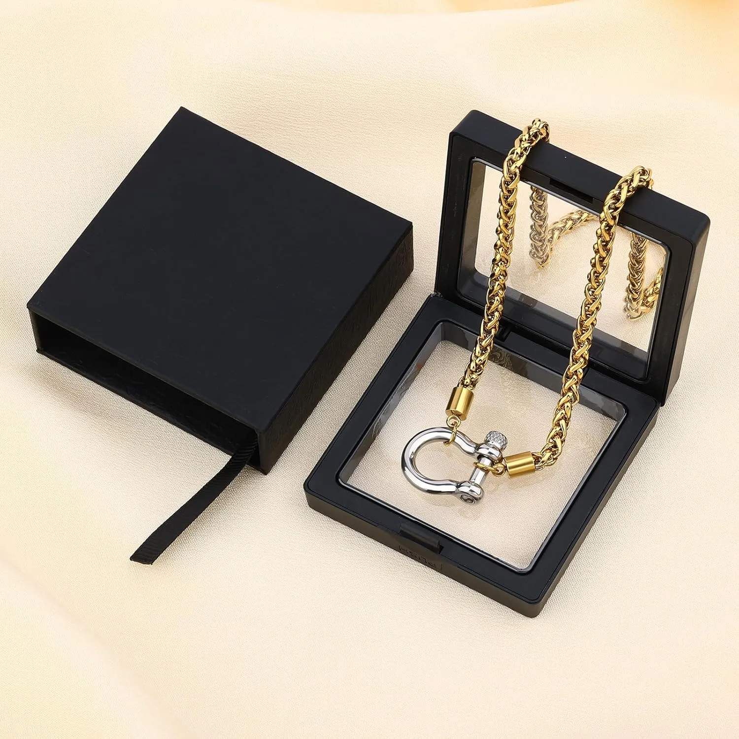 FEEL STYLE Heavy Screw Anchor Shackle Wheat Necklace - 18Inch Stainless Steel Foxtail Wheat Chain Necklace Rolo Necklace - Screw Anchor Shackle Nautical Sailor Clasp