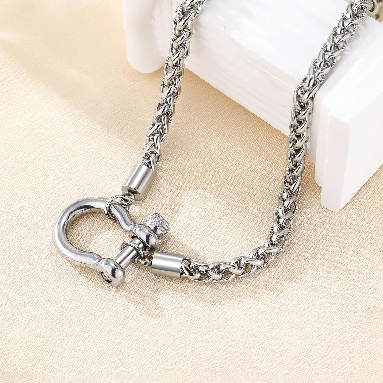 FEEL STYLE Heavy Screw Anchor Shackle Wheat Necklace - 18Inch Stainless Steel Foxtail Wheat Chain Necklace Rolo Necklace - Screw Anchor Shackle Nautical Sailor Clasp