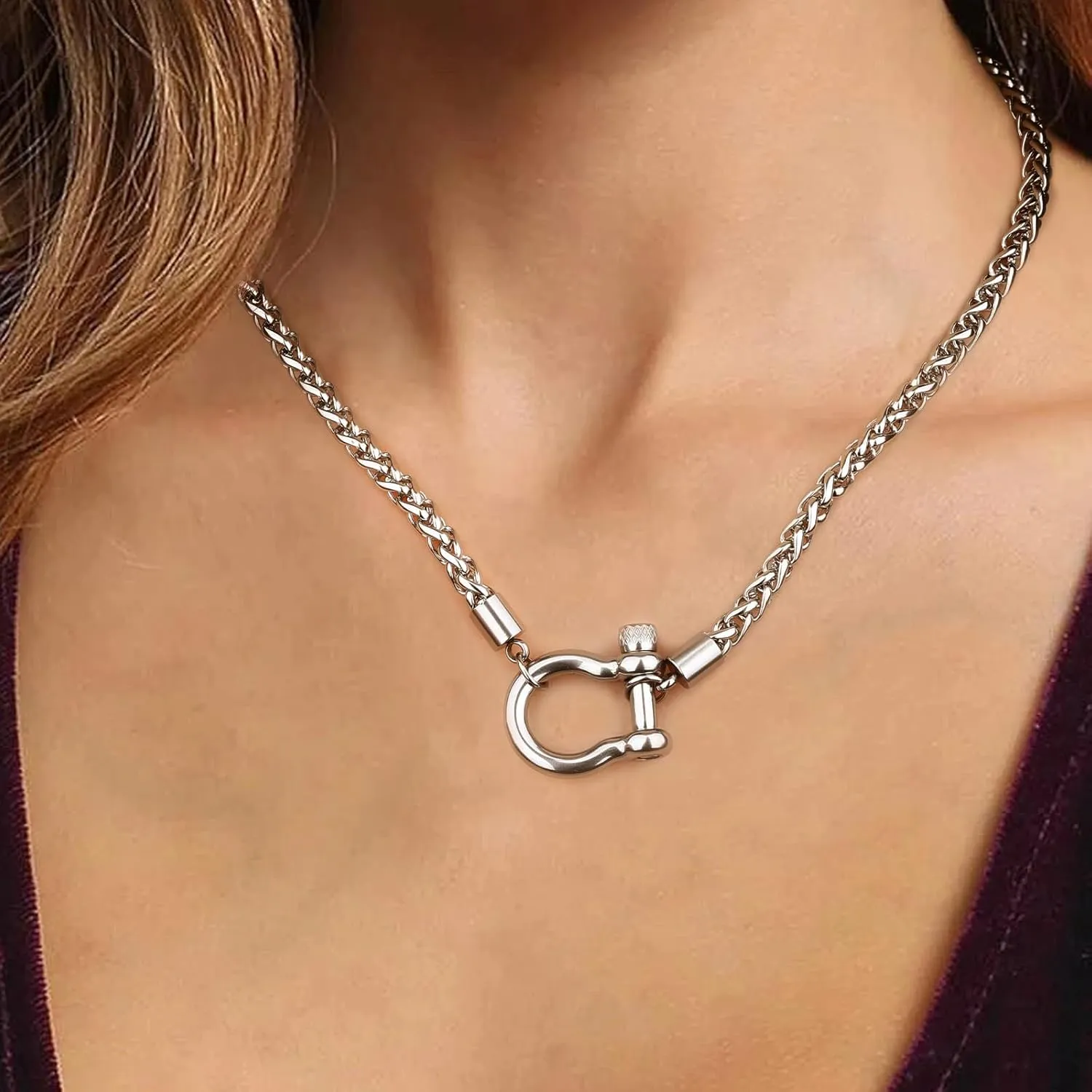 FEEL STYLE Heavy Screw Anchor Shackle Wheat Necklace - 18Inch Stainless Steel Foxtail Wheat Chain Necklace Rolo Necklace - Screw Anchor Shackle Nautical Sailor Clasp
