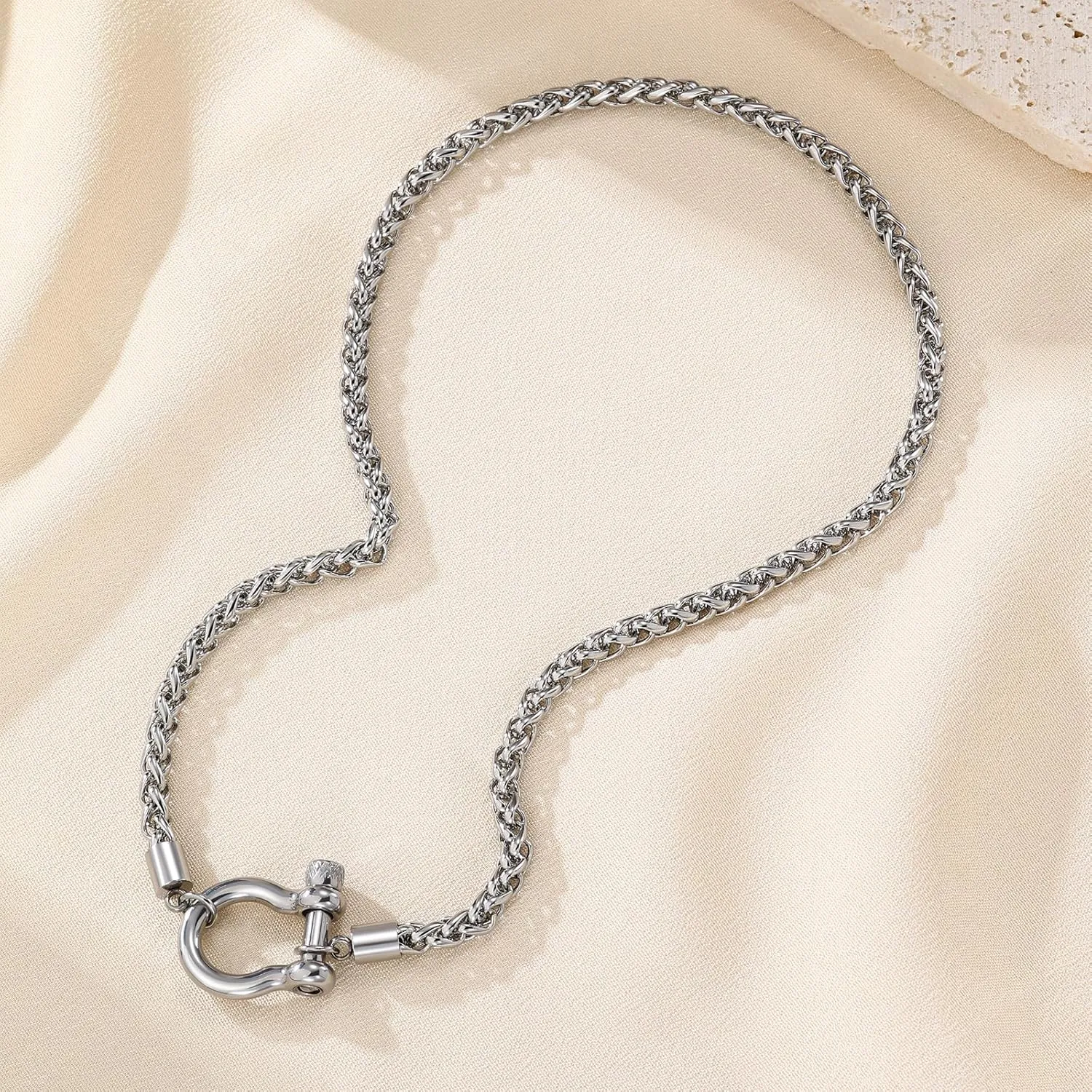 FEEL STYLE Heavy Screw Anchor Shackle Wheat Necklace - 18Inch Stainless Steel Foxtail Wheat Chain Necklace Rolo Necklace - Screw Anchor Shackle Nautical Sailor Clasp