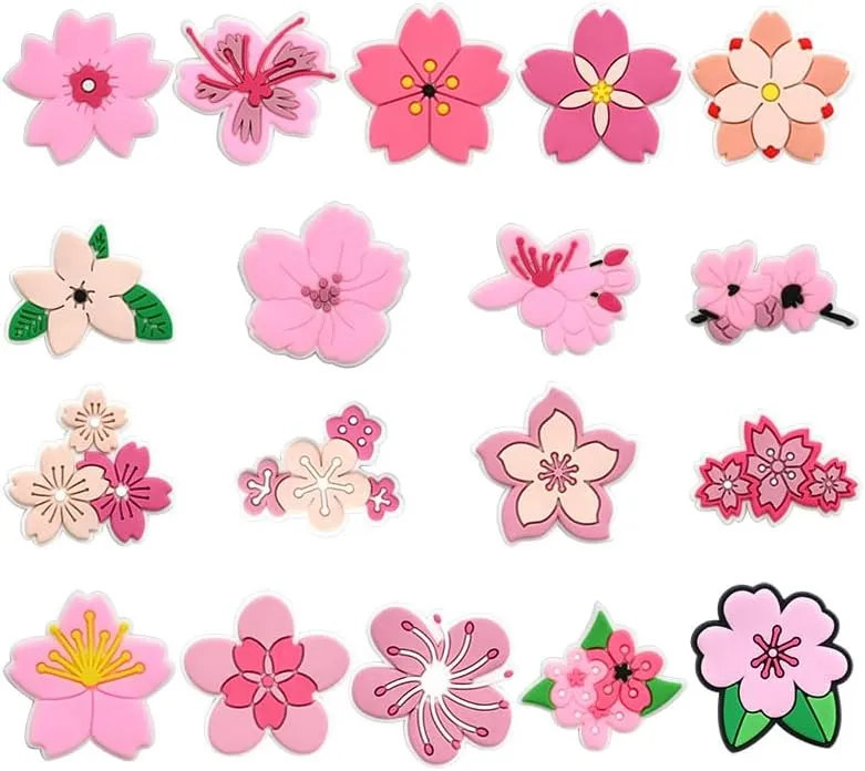 Felvjiaa 18pcs Pink Flowers Shoe Charms PVC Shoe Jewelry Decoration,Clog Accessories Pins for Girls Women Party Favors Birthday Gifts