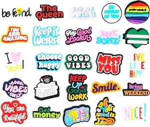 Felvjiaa 25Pcs Cute Encouraging Slogan Shoes Charms PVC Shoe Jewelry Decoration,Clog Accessories Pins for Adults Women Girls Party Favors Birthday Gifts