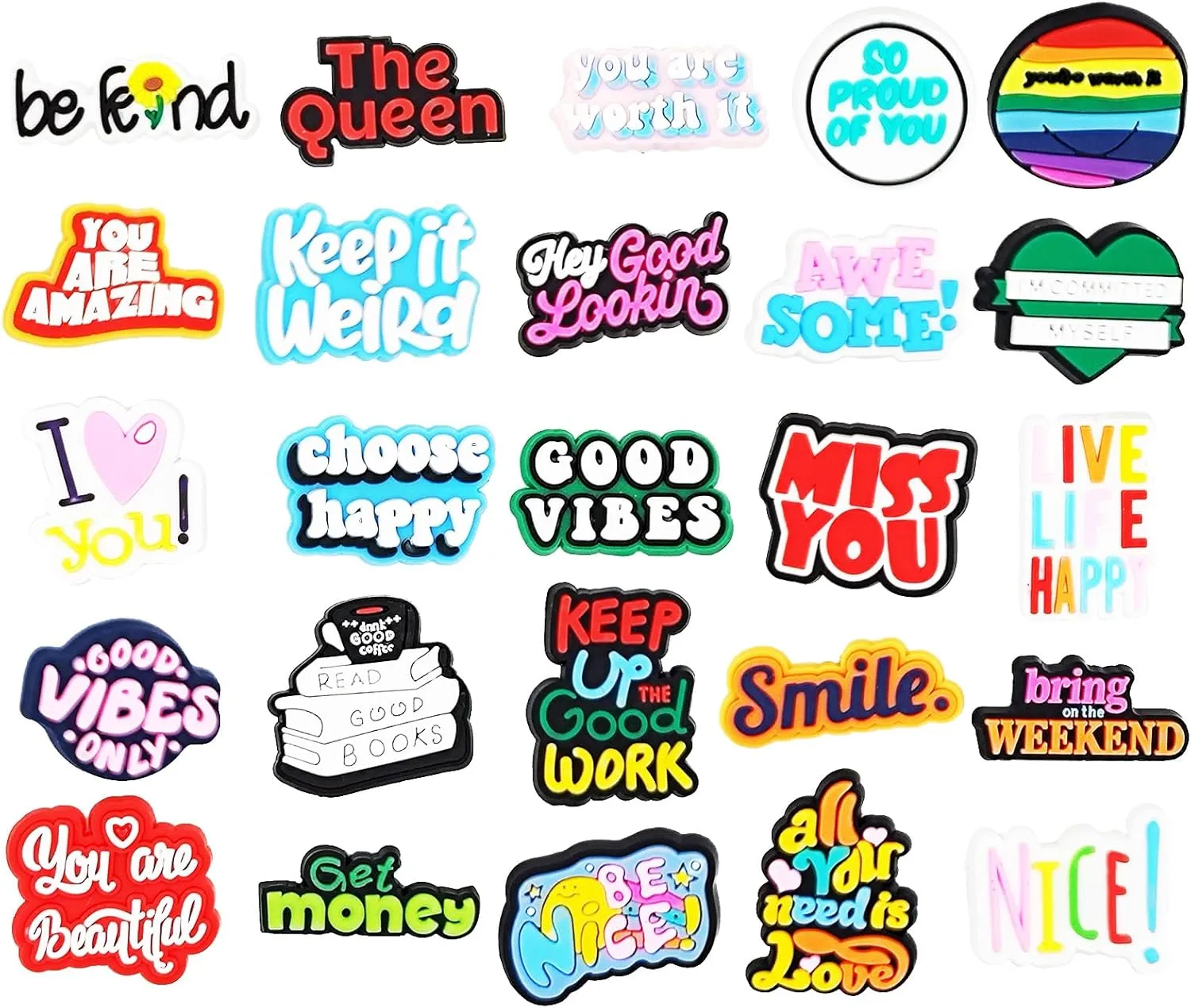 Felvjiaa 25Pcs Cute Encouraging Slogan Shoes Charms PVC Shoe Jewelry Decoration,Clog Accessories Pins for Adults Women Girls Party Favors Birthday Gifts