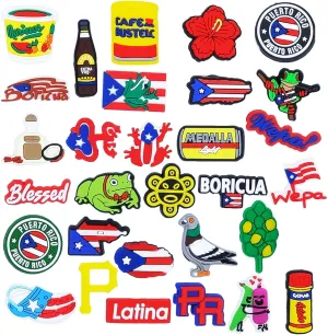 Felvjiaa 30pcs Puerto Rico Charms, Puerto Rican Boricua Shoe Charms,Shoe or Bag Jewelry Decoration,Accessories Pins for Boys Girls Teens Party Birthday Gifts