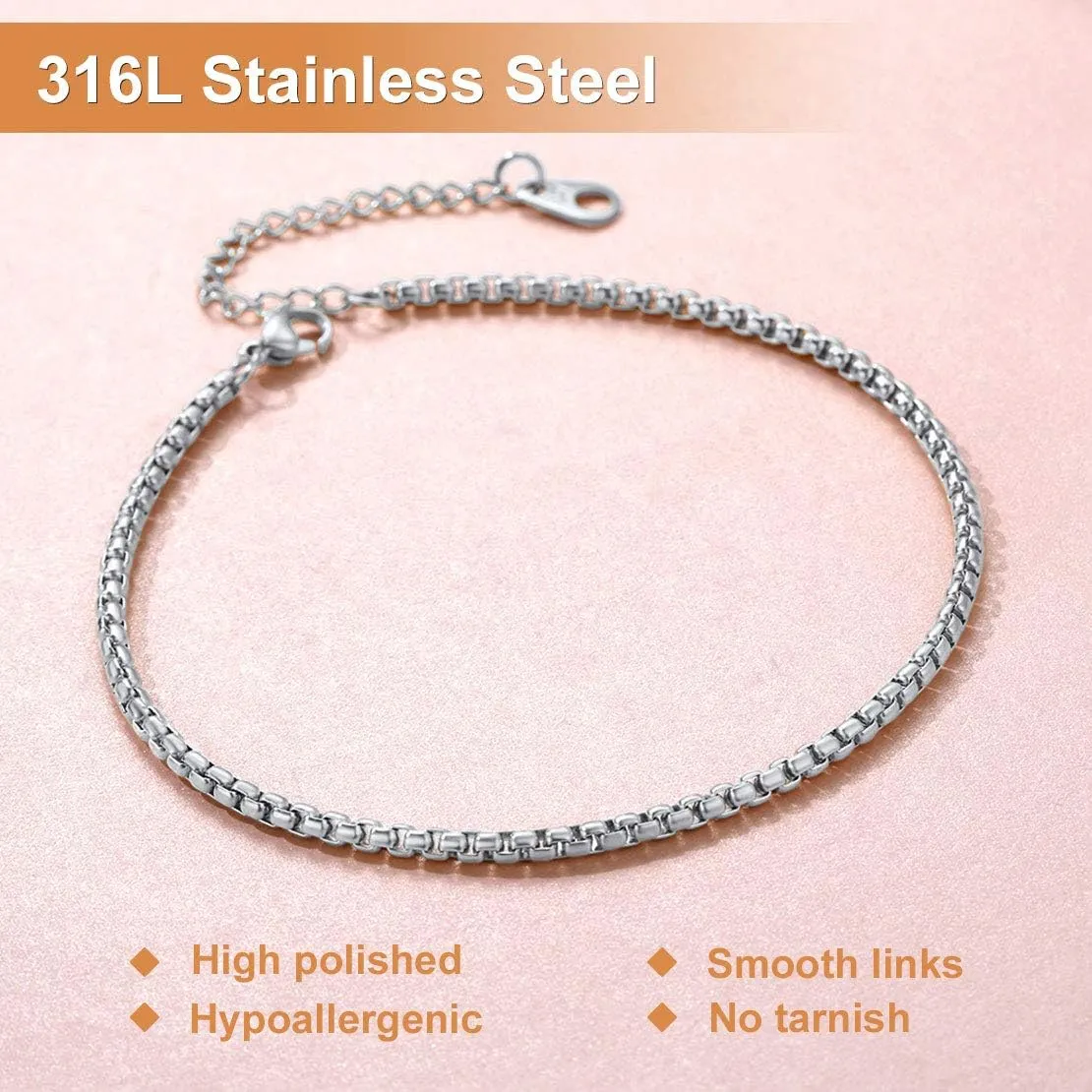 FindChic Stainless Steel Ankle Chain Bracelets for Women Cuban Curb/Figaro/Box Links Beach Foot Jewelry 8.5''-10.5'' Adjustable Anklet, with Jewelry Box