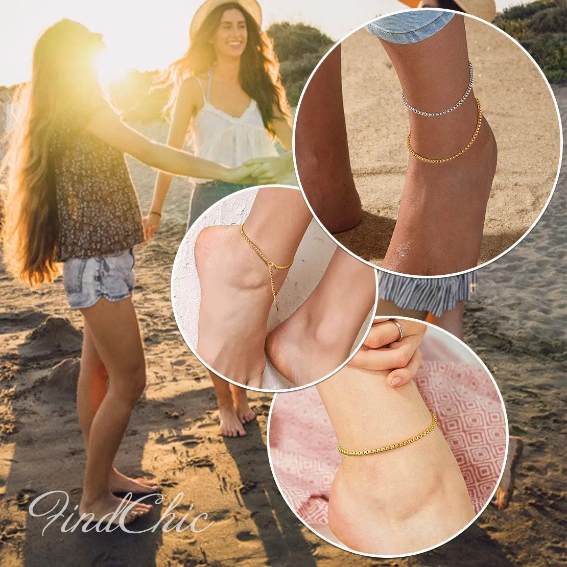 FindChic Stainless Steel Ankle Chain Bracelets for Women Cuban Curb/Figaro/Box Links Beach Foot Jewelry 8.5''-10.5'' Adjustable Anklet, with Jewelry Box