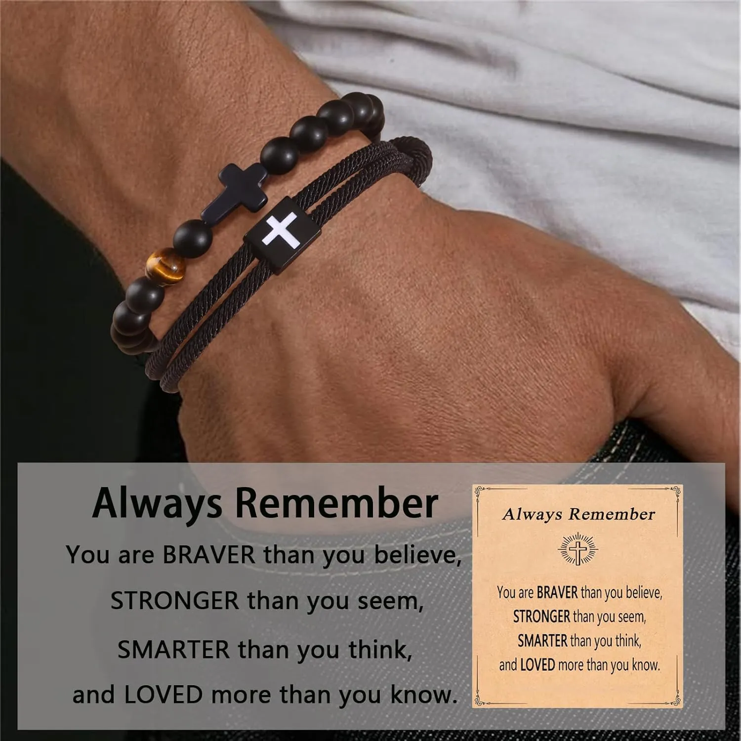 FIRAZIO 2PCS Christian Easter Gifts for Men, Easter Basket Stuffers Cross Bracelet for Men Birthday Confirmation Christian Gifts,Inspirational Faith Based Jesus Bracelets