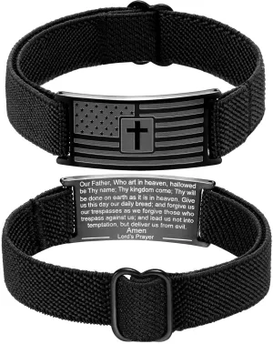 Flag Cross Bracelet for boys Men Adjustable Strap Christian Scripture Bracelets Engraved Bible Verses Inspirational Messages Patriotic Religious Jewelry Gift