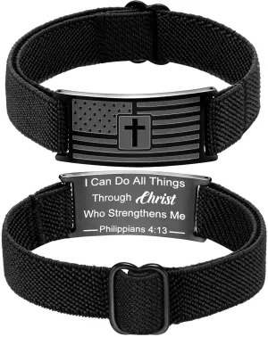 Flag Cross Bracelet for boys Men Adjustable Strap Christian Scripture Bracelets Engraved Bible Verses Inspirational Messages Patriotic Religious Jewelry Gift