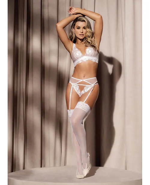 Floral Lace & Mesh Top, Garter Belt & Peek A Boo Panty White MD