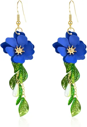 Flower Tassel Dangle Earrings for Women Cute Green Leaf Sakura Pearl Earrings Fairy Statement Summer Refreshing Seaside Idyllic Holiday Jewelry