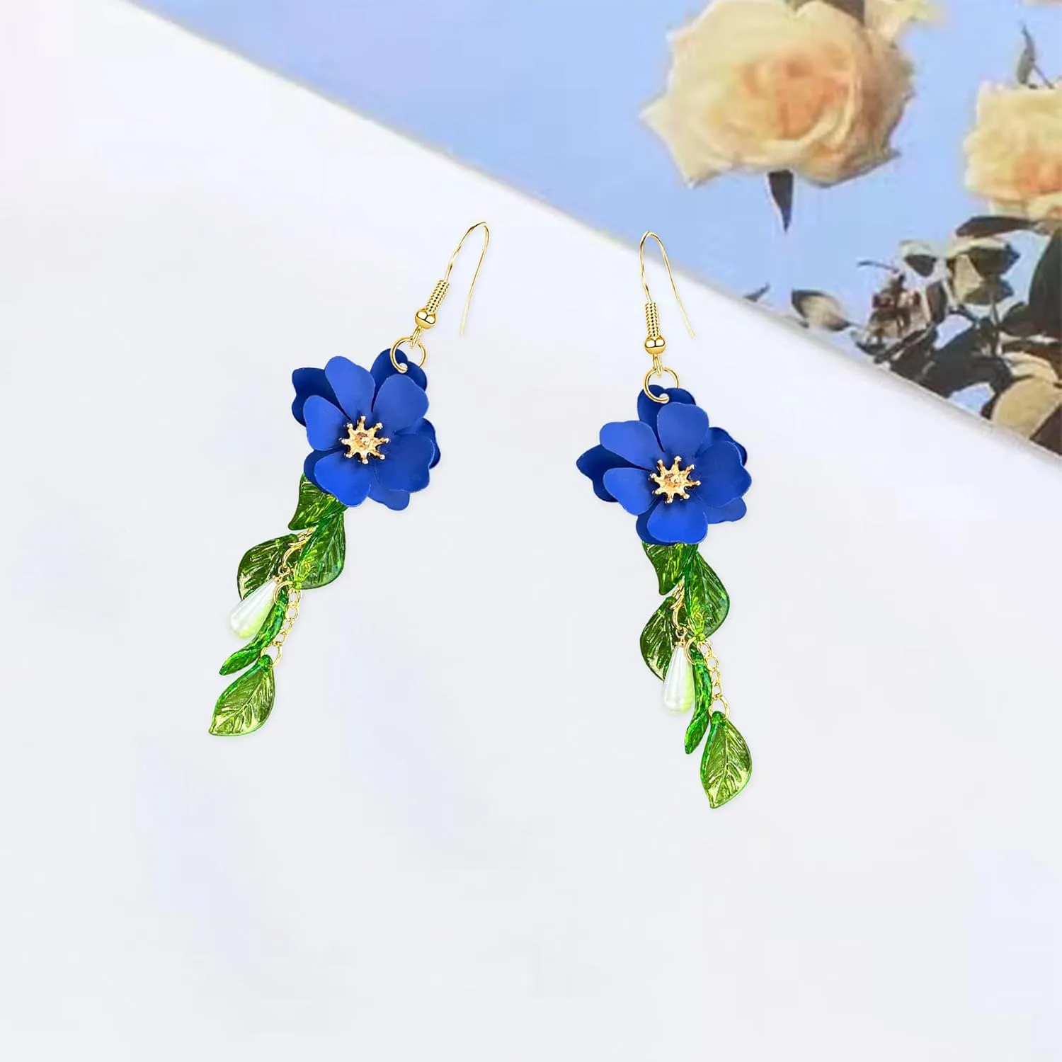 Flower Tassel Dangle Earrings for Women Cute Green Leaf Sakura Pearl Earrings Fairy Statement Summer Refreshing Seaside Idyllic Holiday Jewelry