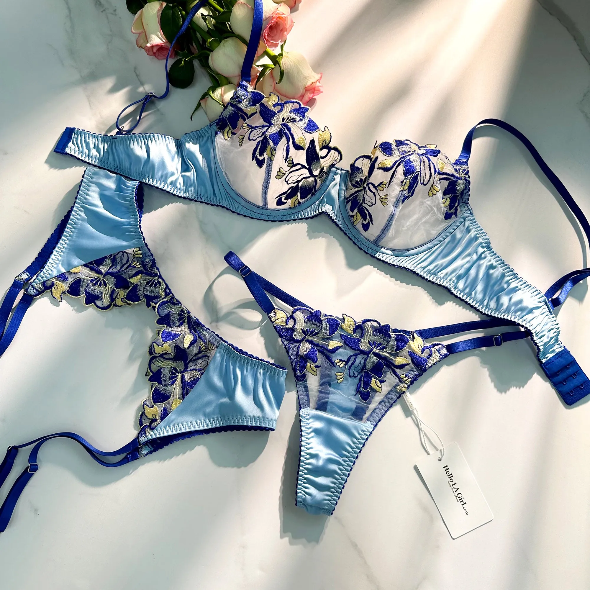 Fresh Blue Satin Embroidered Lingerie