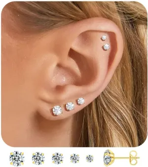 FUNEIA Gold Stud Earrings for Women Trendy Hypoallergenic Silver Dainty Cartilage Earring Stacks Cubic Zirconia Earrings Studs Sets for Multiple Piercing Tragus Piercing Jewelry