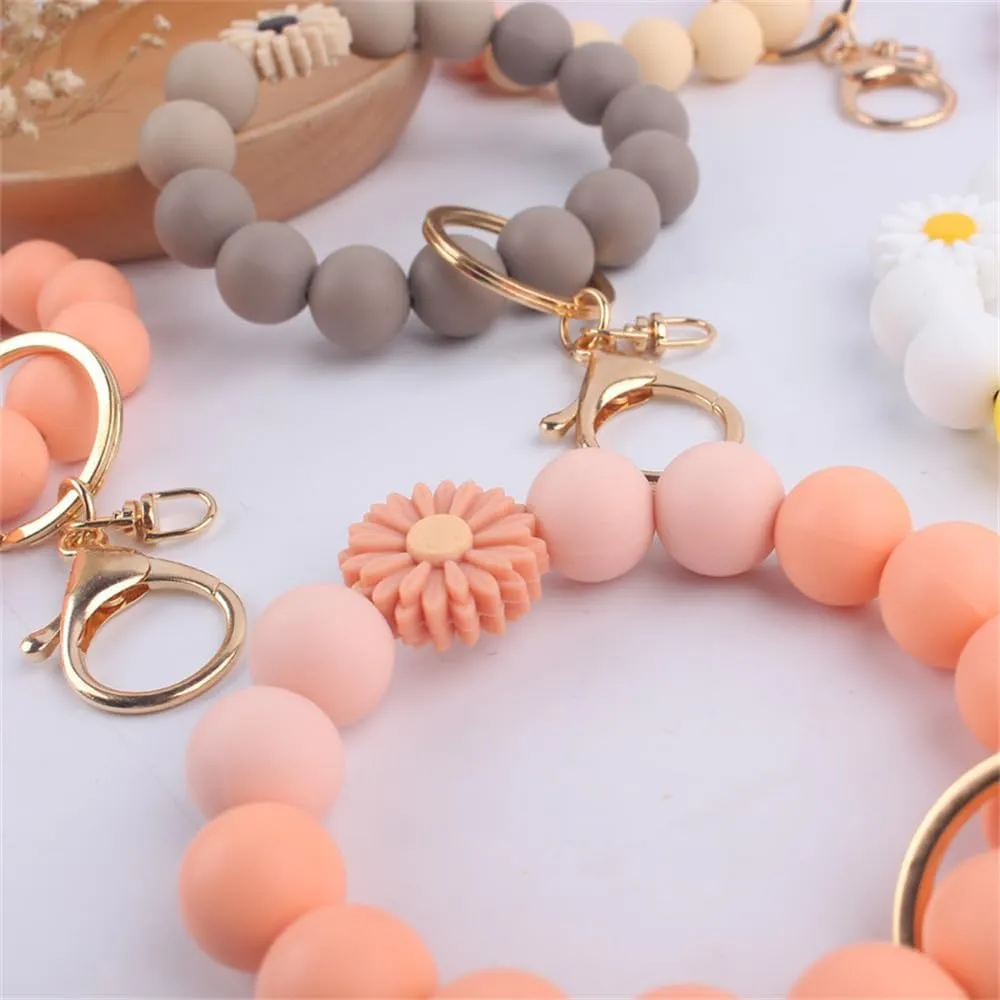 Fuqimanman2020 Daisy Flower Silicone Beads Wristlet Keychain Cute Sunflower Key Ring Holder For Women Girls