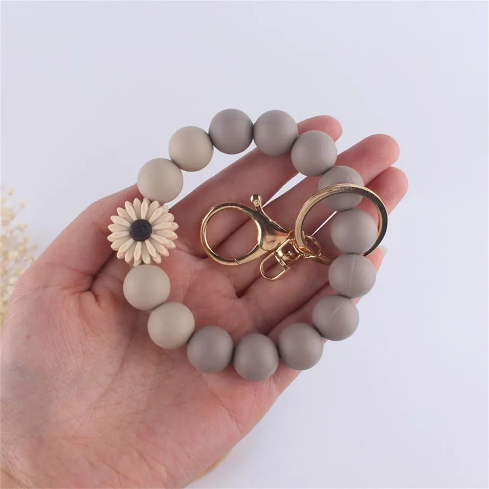 Fuqimanman2020 Daisy Flower Silicone Beads Wristlet Keychain Cute Sunflower Key Ring Holder For Women Girls