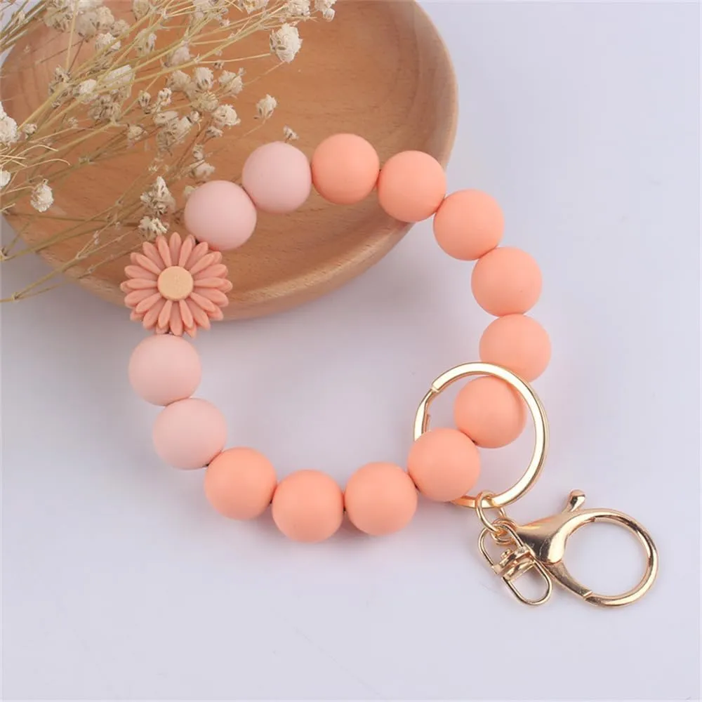 Fuqimanman2020 Daisy Flower Silicone Beads Wristlet Keychain Cute Sunflower Key Ring Holder For Women Girls