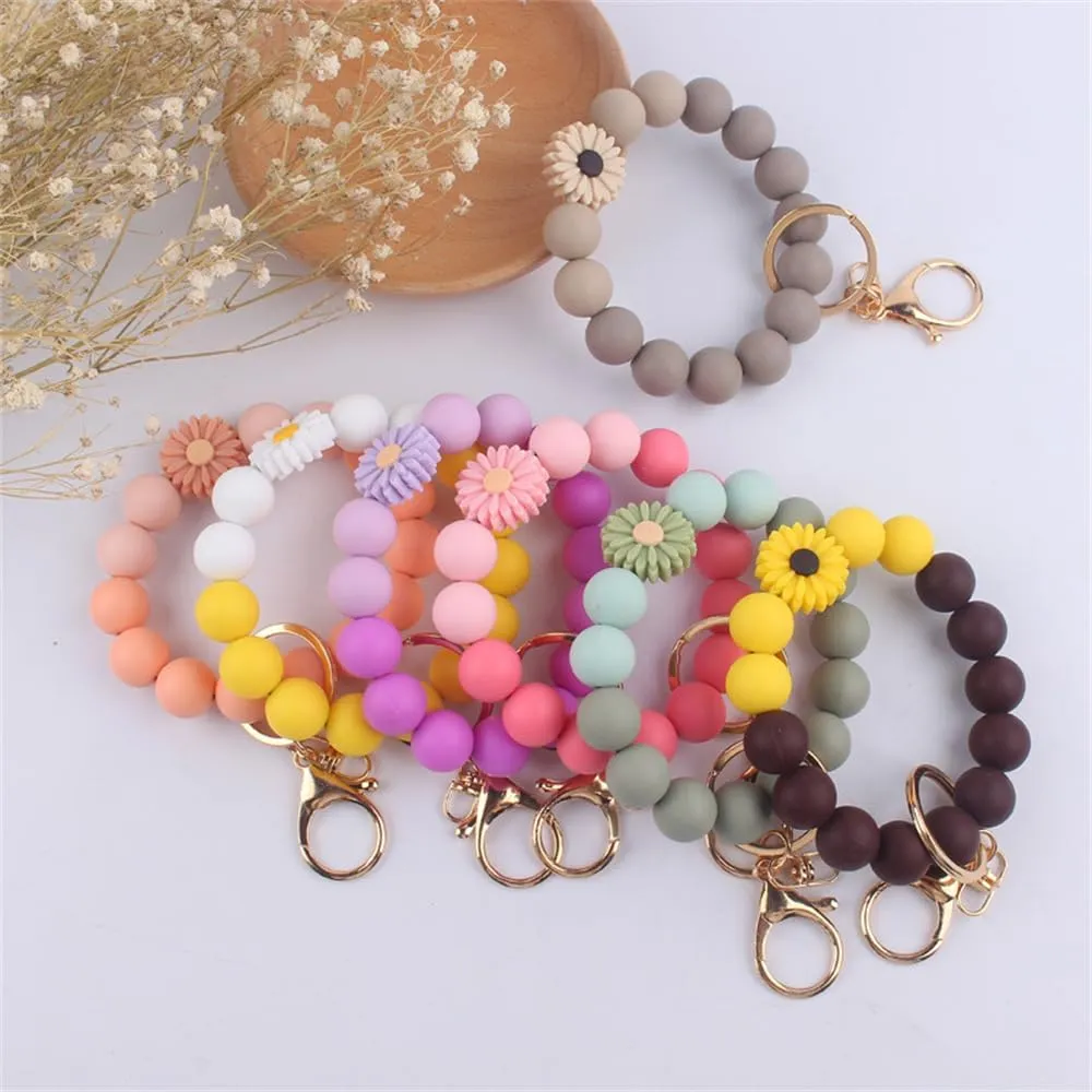Fuqimanman2020 Daisy Flower Silicone Beads Wristlet Keychain Cute Sunflower Key Ring Holder For Women Girls