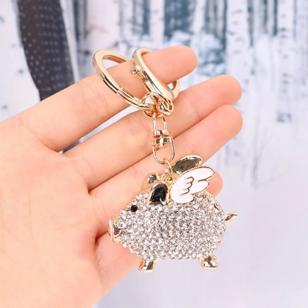 Fuqimanman2020 Rhinestone Crystal Flying Pig Charm Keychain for Women Girls Cute Animal Pig with Angel Wing Key Ring