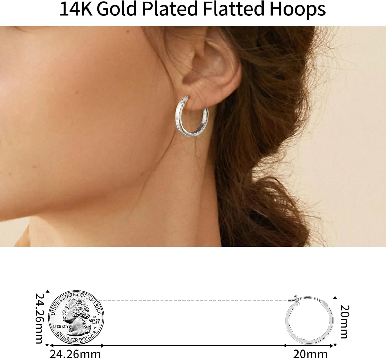 Gacimy Flatted Gold Hoop Earrings for Women 14K Real Gold Plated with 925 Sterling Silver Post