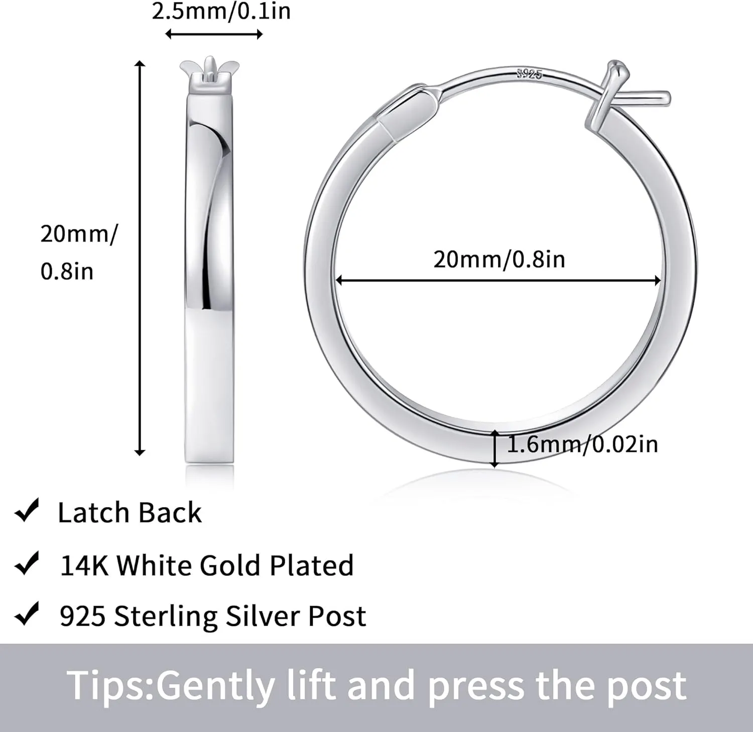Gacimy Flatted Gold Hoop Earrings for Women 14K Real Gold Plated with 925 Sterling Silver Post