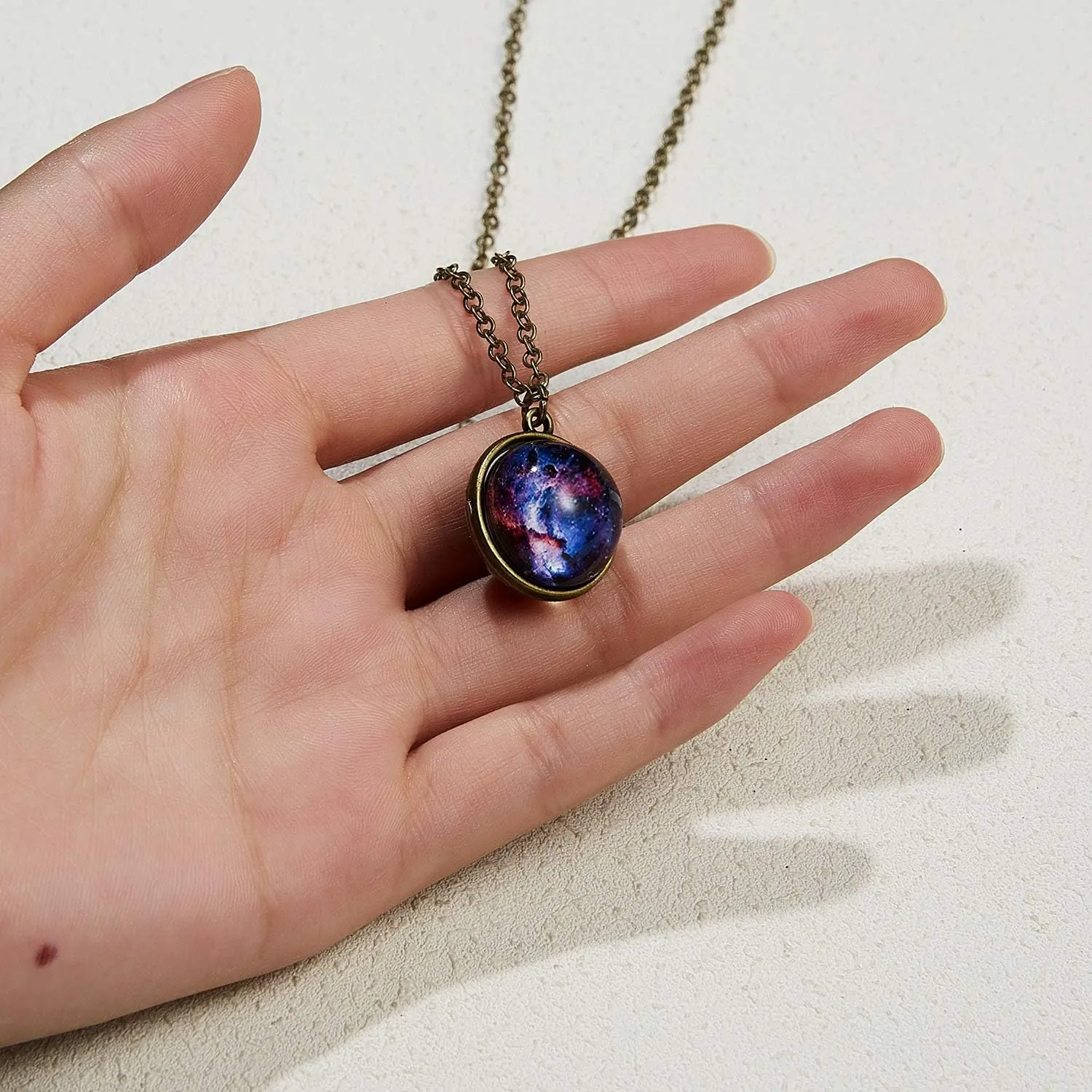 Galaxy Planet Pendant Necklace Glow in Dark Double Side Glass Crystal Ball Moon Earth Astronomy Universe Necklace Luminios Gemstone Necklace for Women Men Friends Gift