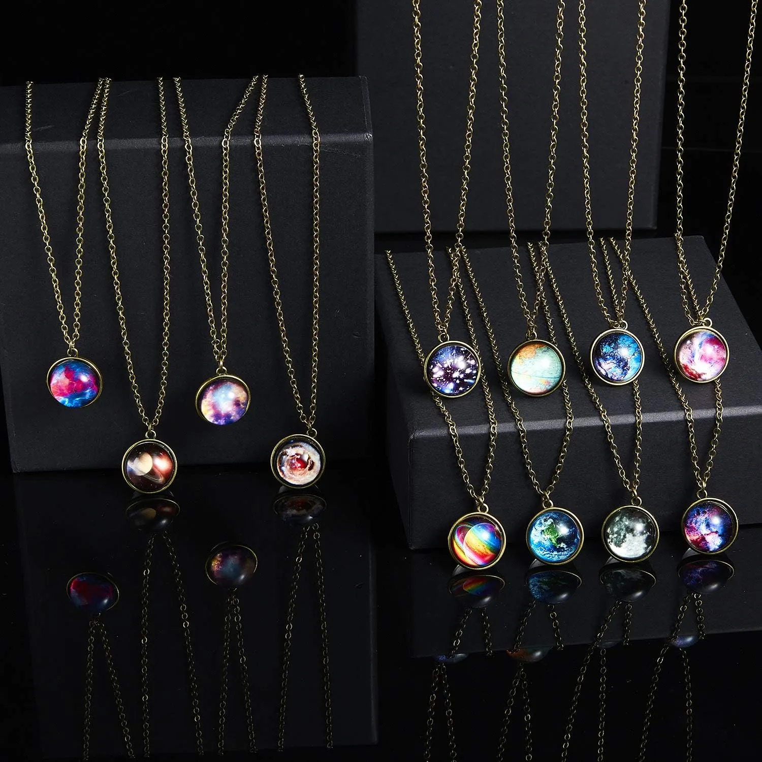 Galaxy Planet Pendant Necklace Glow in Dark Double Side Glass Crystal Ball Moon Earth Astronomy Universe Necklace Luminios Gemstone Necklace for Women Men Friends Gift