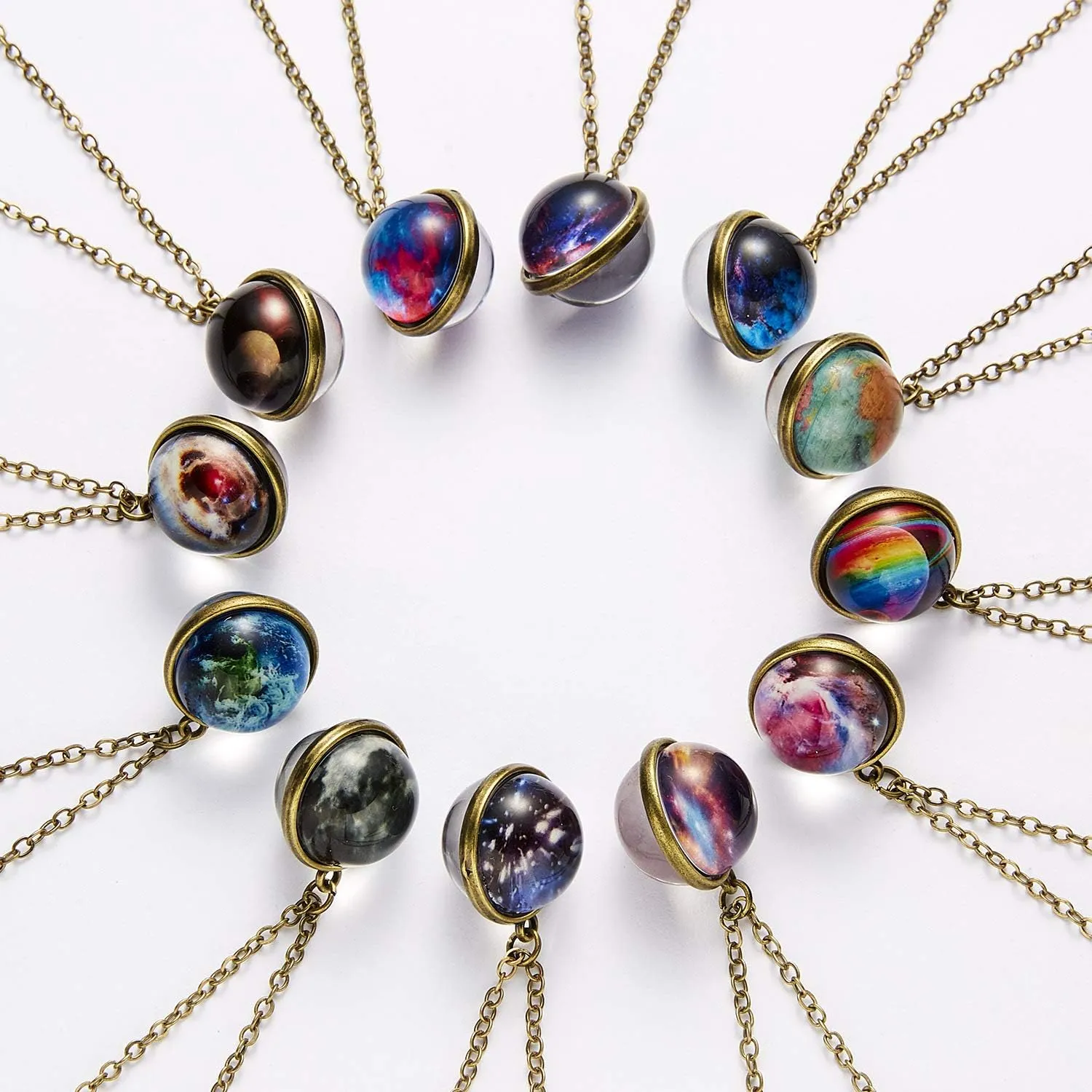 Galaxy Planet Pendant Necklace Glow in Dark Double Side Glass Crystal Ball Moon Earth Astronomy Universe Necklace Luminios Gemstone Necklace for Women Men Friends Gift