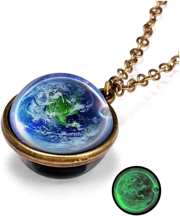 Galaxy Planet Pendant Necklace Glow in Dark Double Side Glass Crystal Ball Moon Earth Astronomy Universe Necklace Luminios Gemstone Necklace for Women Men Friends Gift