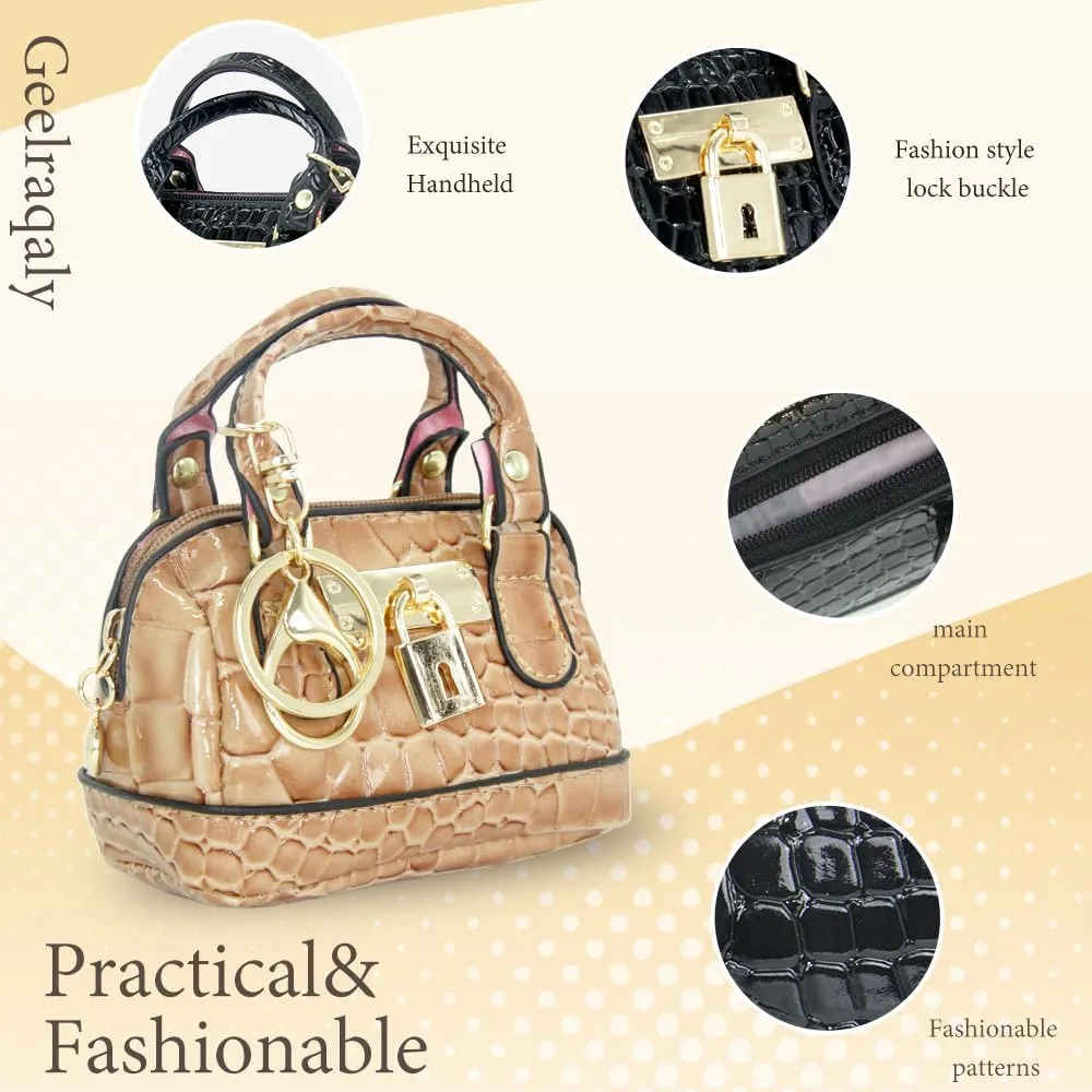 Geerlaqaly Mini Handbag Keychain, PU Leather Crocodile Pattern, Small Change Pouch Coin Purse with Chain harness